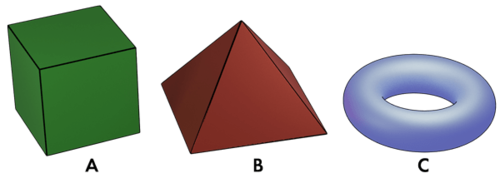a cube, pyramid, and a torus
