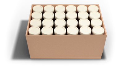 a box filled with tennis balls in cylindrical containers